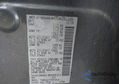 2015 Nissan Rogue Sv from USA, damaged, VIN 5N1AT2MV8FC809651